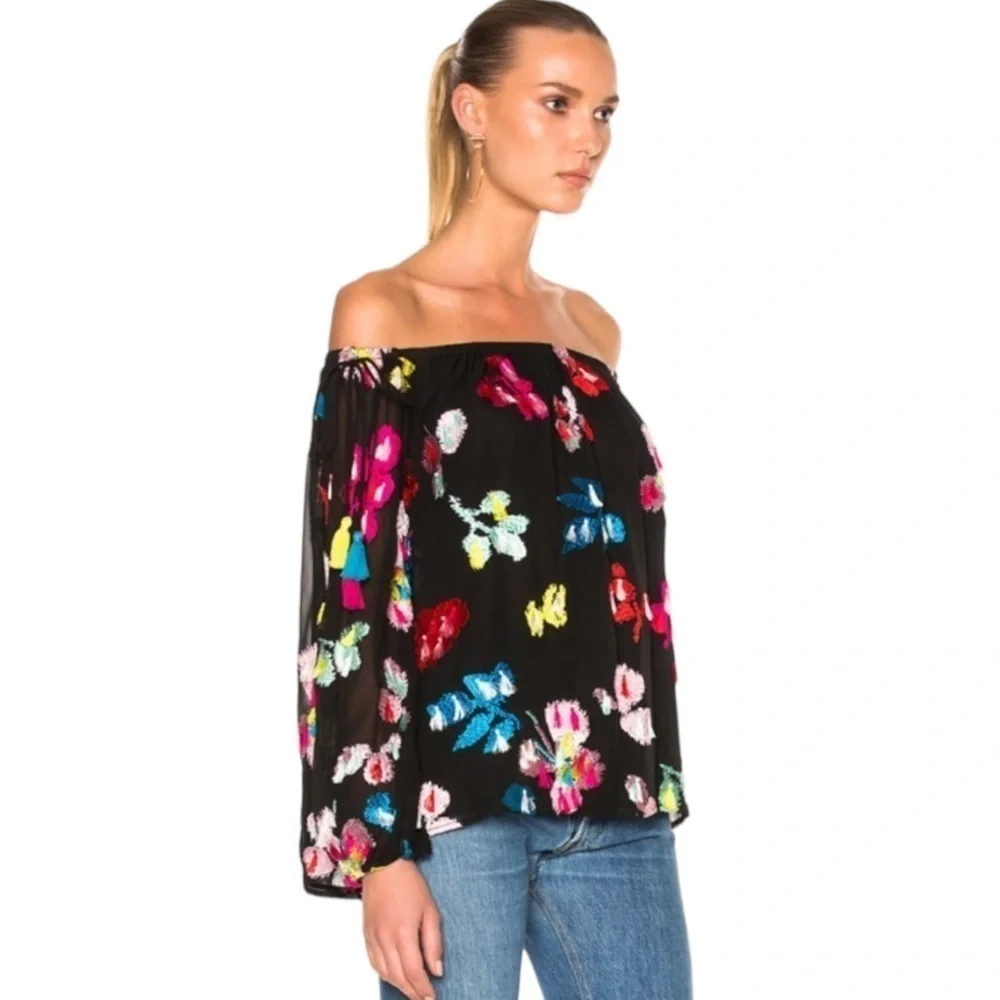 Tanya Taylor Georgette Tessa Black Silk Floral Embroidered Tassel Accent Top 8 - Picture 4 of 14